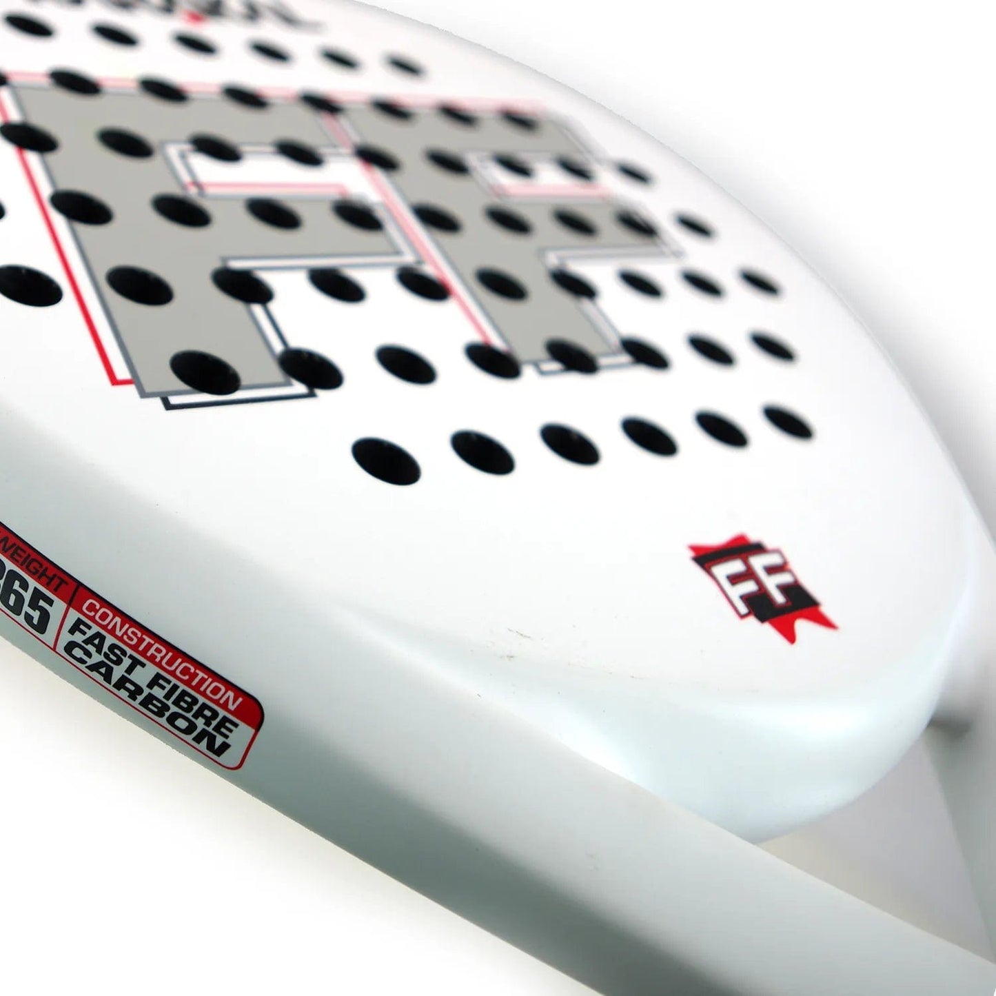 Close-up of the Karakal FF 365 Padel Racket by Karakal—an intermediate padel racket featuring black circular holes, a large "FF" logo, and bold red and black "FAST FIBER CARBON" text. Designed for spin and control.