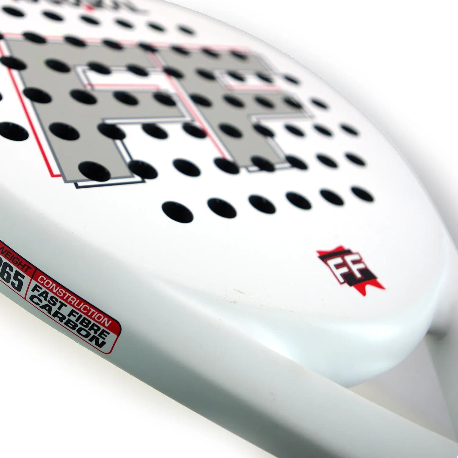 Close-up of the Karakal FF 365 Padel Racket by Karakal—an intermediate padel racket featuring black circular holes, a large "FF" logo, and bold red and black "FAST FIBER CARBON" text. Designed for spin and control.