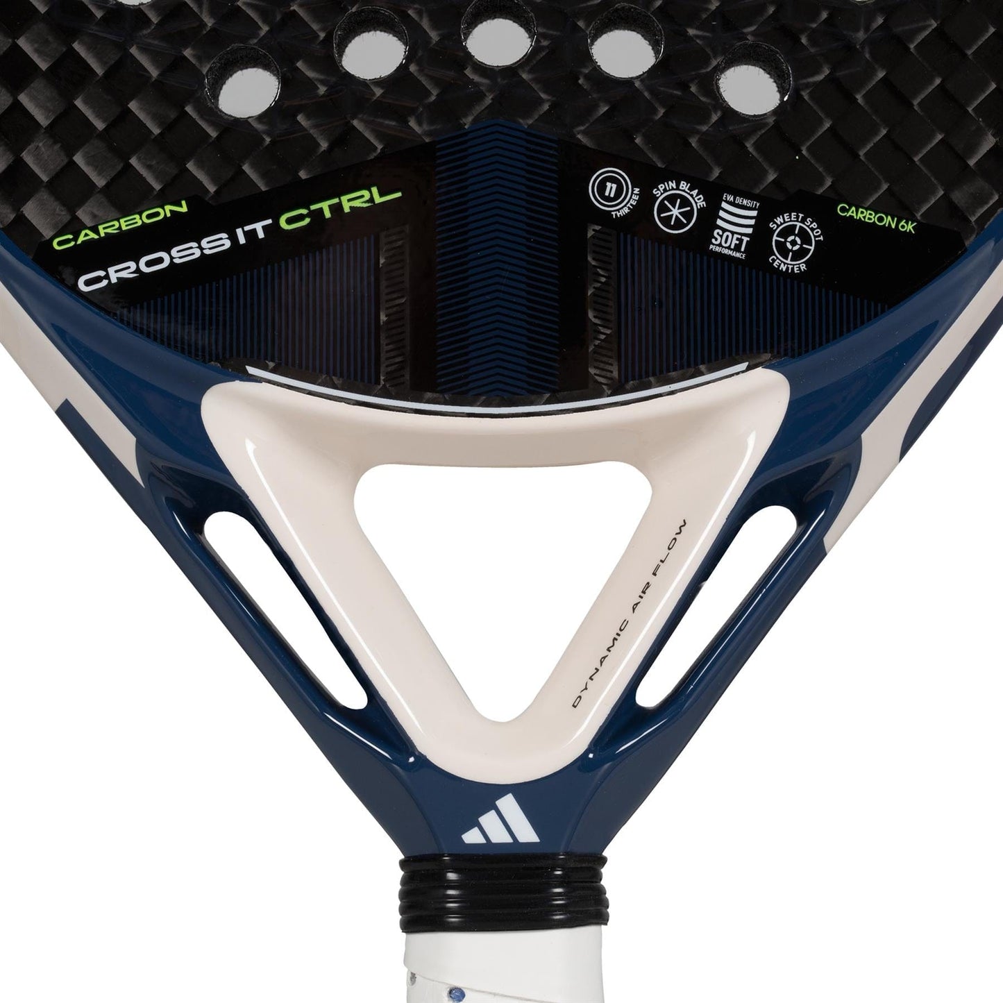 Close-up of an adidas Cross It Carbon CTRL Padel Racket, highlighting its carbon fibre texture, adidas logos, "CROSS IT CTRL" text, and part of the handle with white grip tape.
