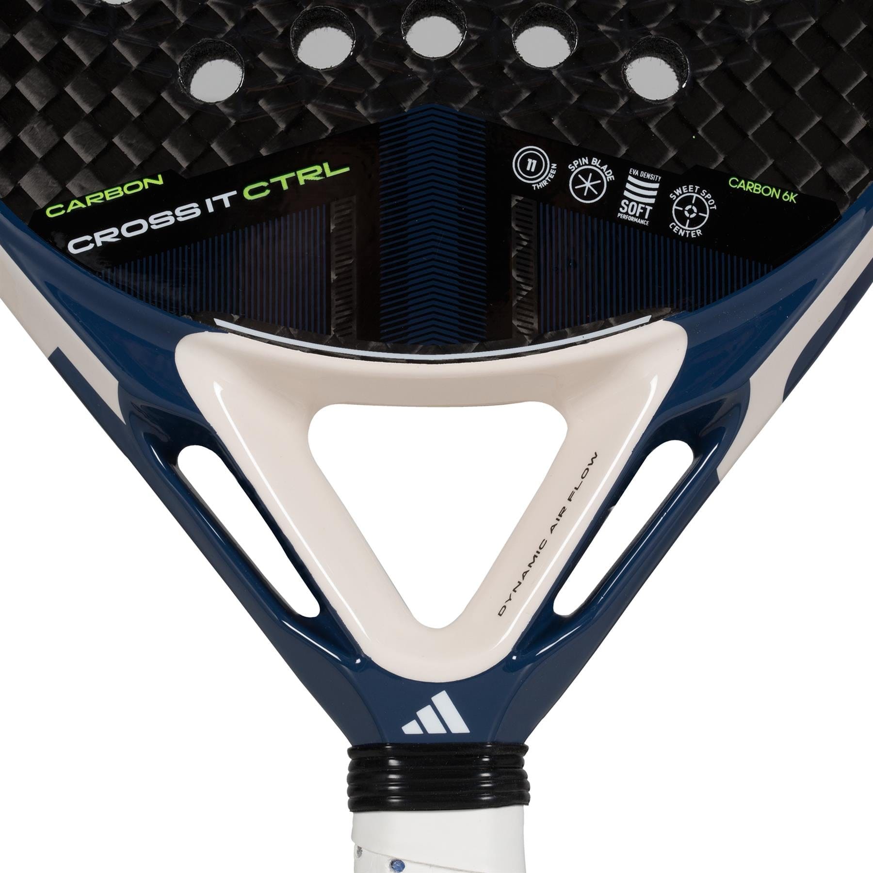 Close-up of an adidas Cross It Carbon CTRL Padel Racket, highlighting its carbon fibre texture, adidas logos, "CROSS IT CTRL" text, and part of the handle with white grip tape.
