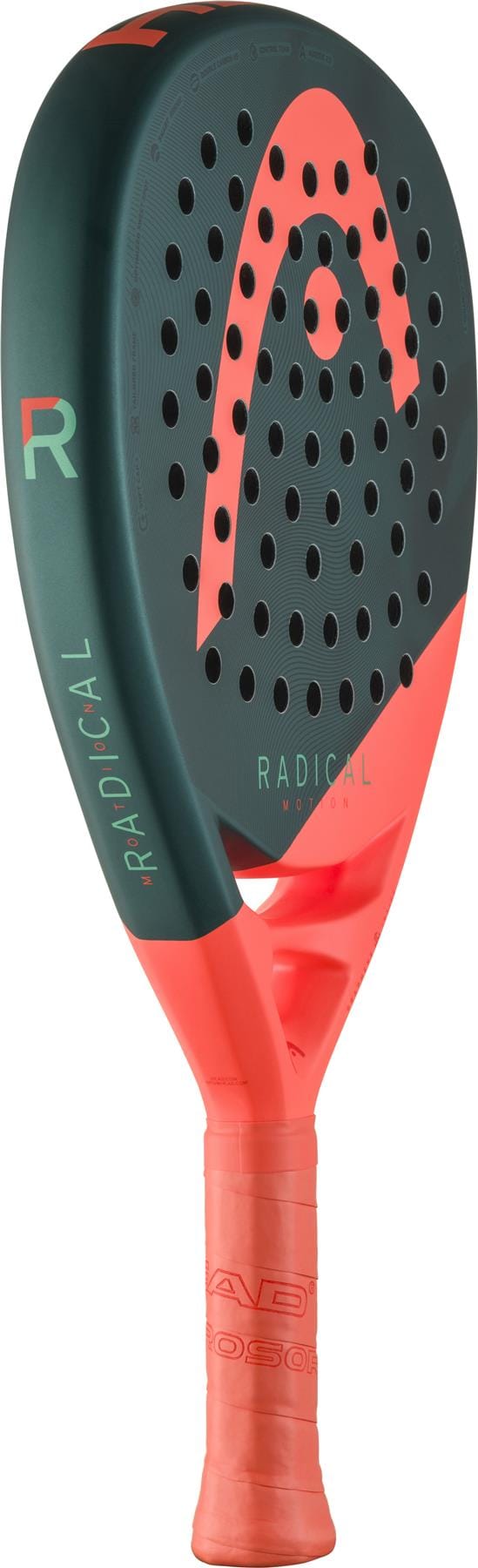 The HEAD Radical Motion 2026 Padel Racket by HEAD is a lightweight racket in black and coral, featuring the “Radical” branding, a distinctive logo, and evenly spaced circular holes on the head.