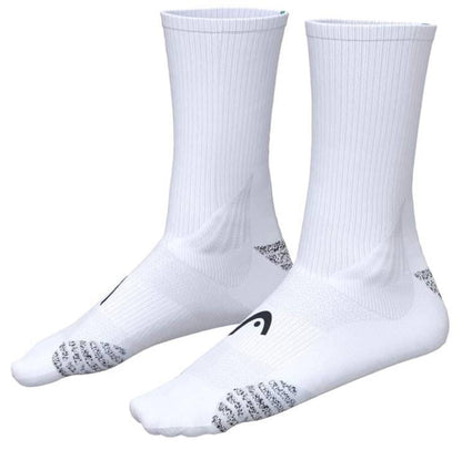 HEAD Colour Crew Padel Socks in white and purple by HEAD, made with advanced Nanofront yarn, feature ribbed cuffs and textured gray grip patterns on the soles. Shown on a plain white background.