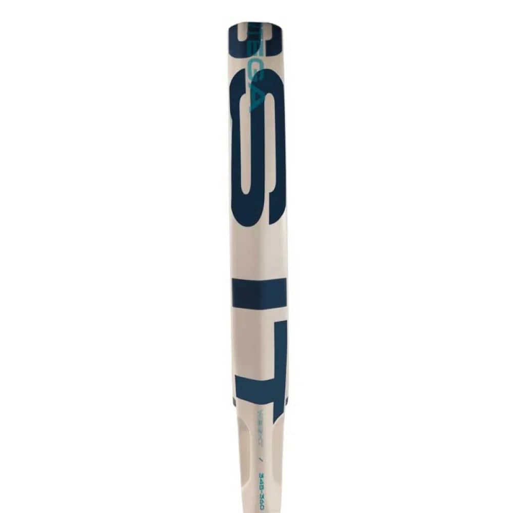 The adidas Cross It Light 3.4 Padel Racket, shown vertically from the barrel end, features prominent blue branding, similar to the bold “LS” letters seen on white and blue baseball or softball bats.