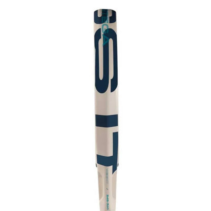 The adidas Cross It Light 3.4 Padel Racket, shown vertically from the barrel end, features prominent blue branding, similar to the bold “LS” letters seen on white and blue baseball or softball bats.