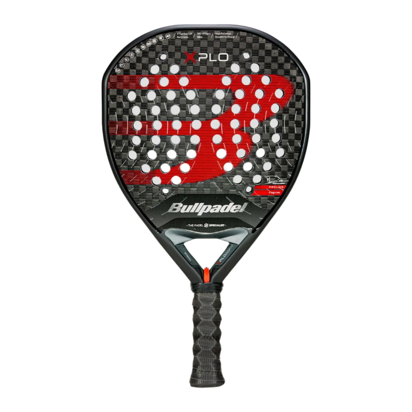 The Bullpadel Xplo 2025 Padel Racket from Bullpadel is displayed in black with a red design, featuring honeycomb holes and a textured handle, set against a white background.