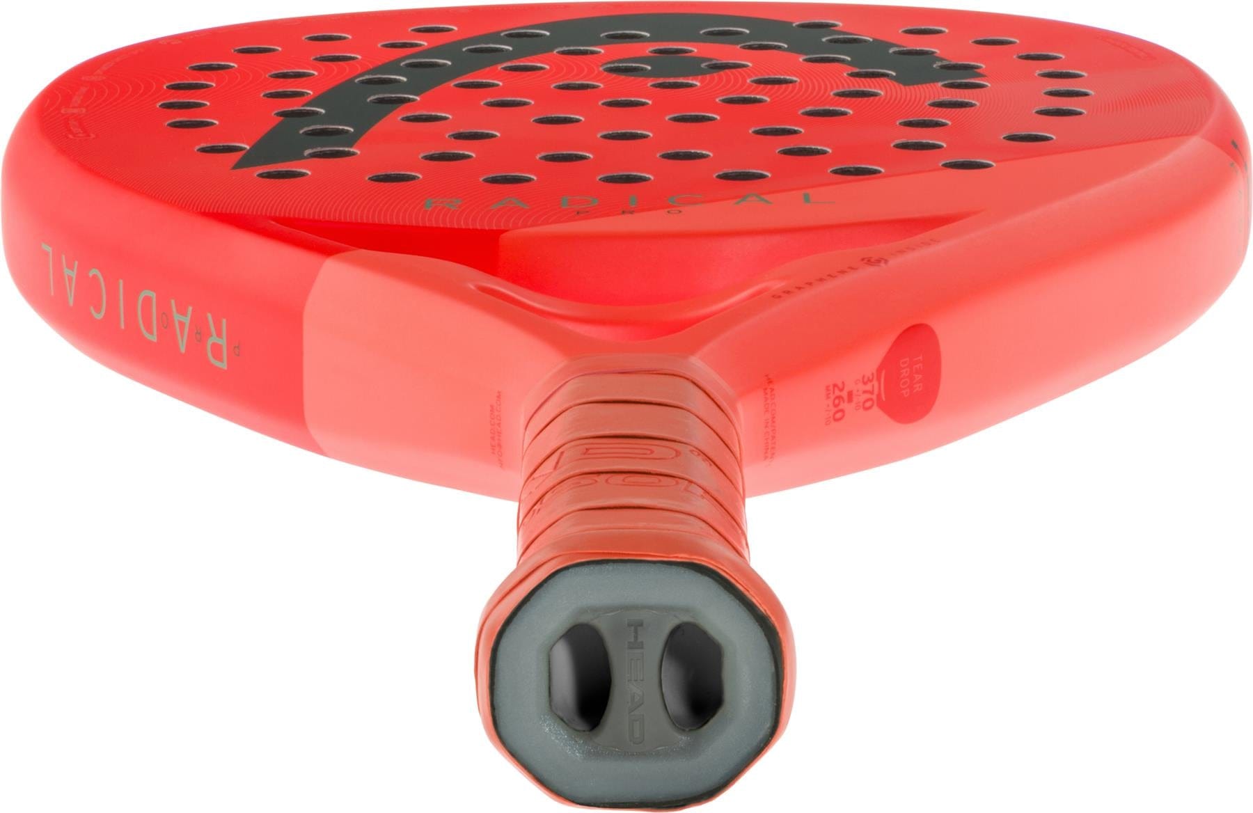 Close-up of the HEAD Radical Pro 2026 Padel Racket by HEAD, showing the handle and perforated surface with "HEAD" and "RADICAL" branding, designed for control and precision.