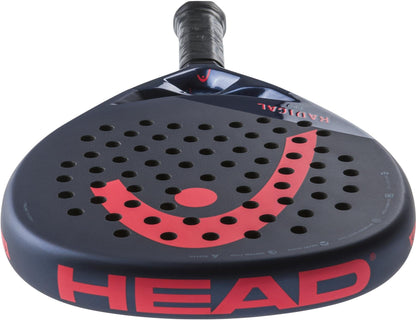 A close-up of the HEAD Radical Pro 2024 Padel Racket shows its perforated face with Auxetic technology, brand logo, and "RADICAL PRO" text on the surface.