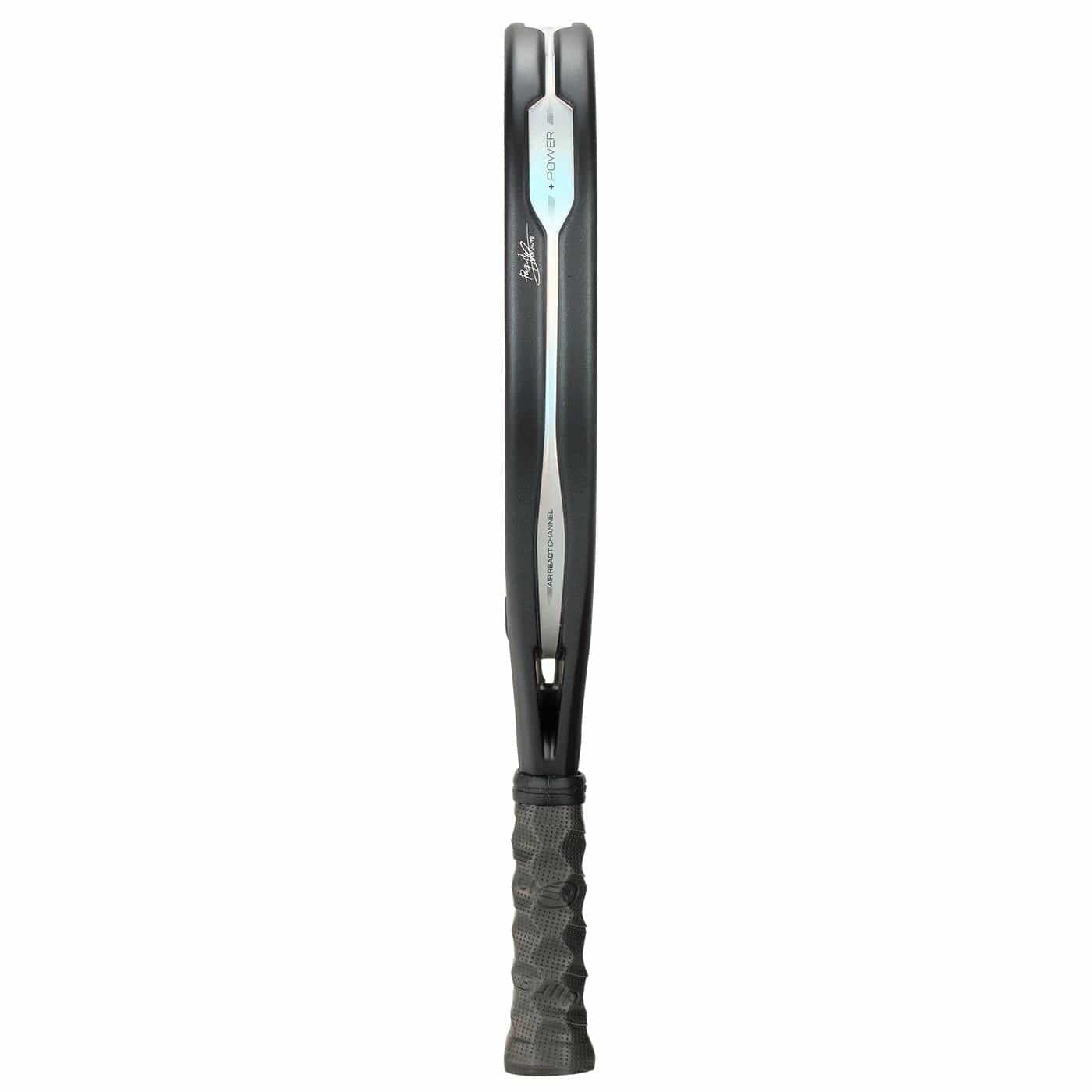 Two black tennis racquets are stacked side by side, their handles aligned at the bottom, echoing the sleek width and textured grip of the Bullpadel HACK 04 Hybrid 2026 Padel Racket by Bullpadel.