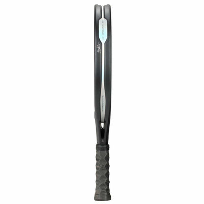 Two black tennis racquets are stacked side by side, their handles aligned at the bottom, echoing the sleek width and textured grip of the Bullpadel HACK 04 Hybrid 2026 Padel Racket by Bullpadel.