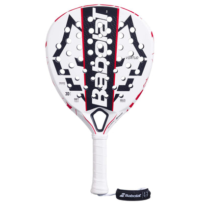 The Babolat Technical Vertuo Juan Lebrón Padel Racket features a white design with black and red accents, circular holes, a black Babolat logo on the face, a white grip-wrapped handle, and an attached black wrist strap.