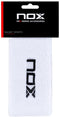 The NOX Padel Long Wristband in white with a black NOX logo uses Balance Fresh technology and comes in black and red packaging labeled "NOX Pro Series Accessories" for racket sports.