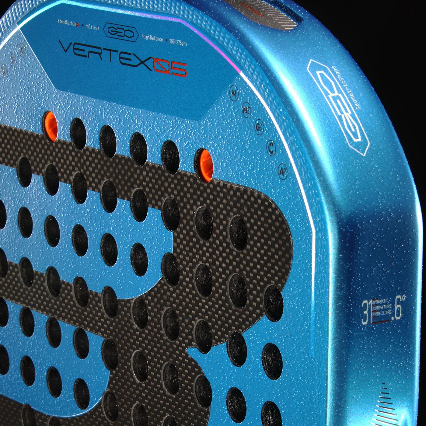 Close-up of the Bullpadel Vertex 05 GEO 2026 padel racket, showcasing a blue and black design, textured carbon surface with circular holes, orange accents, and the Bullpadel brand name.