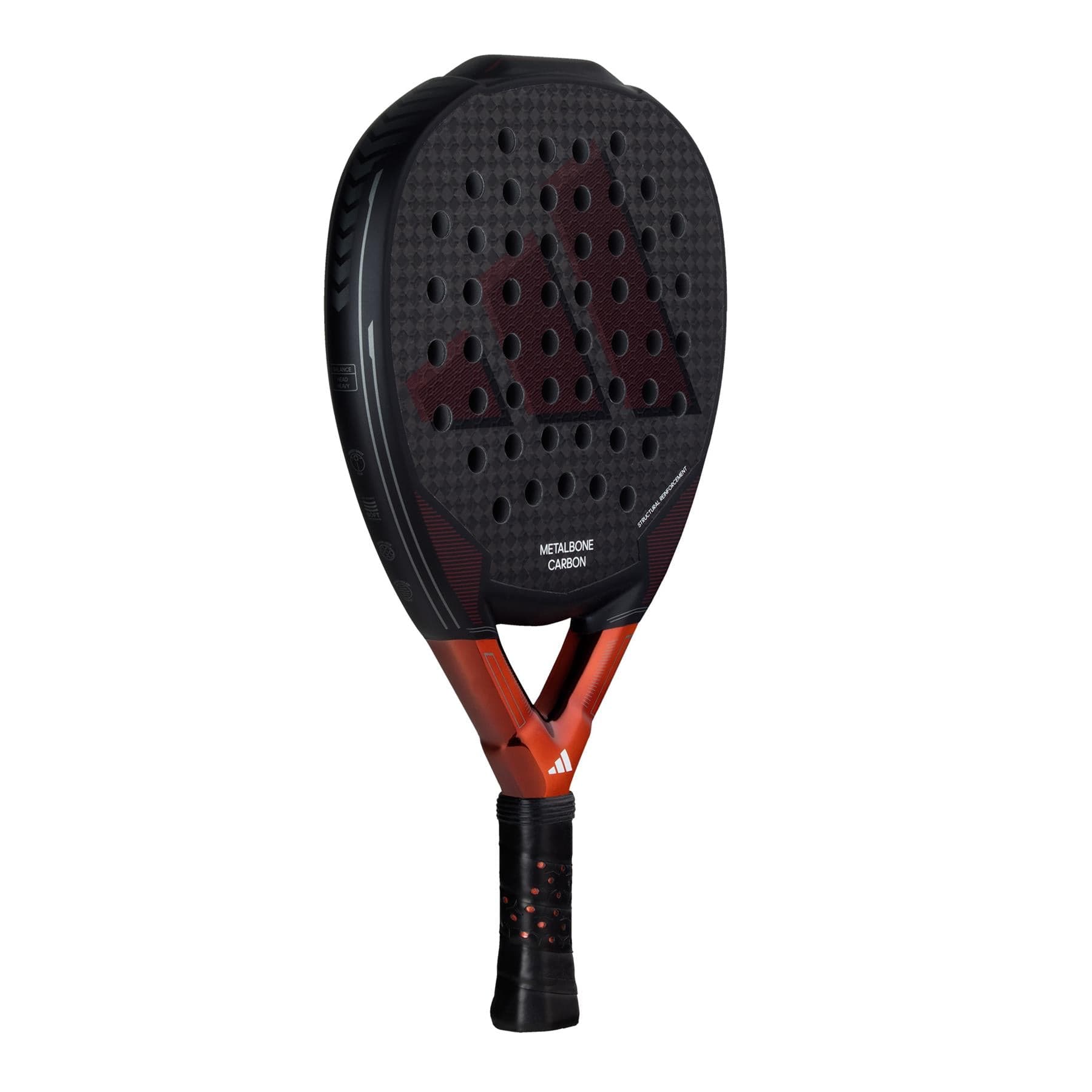 The adidas Metalbone Carbon 3.3 Padel Racket is a black and red racket with a perforated carbon fiber surface, made for advanced players and featuring the adidas logo on its frame and grip.