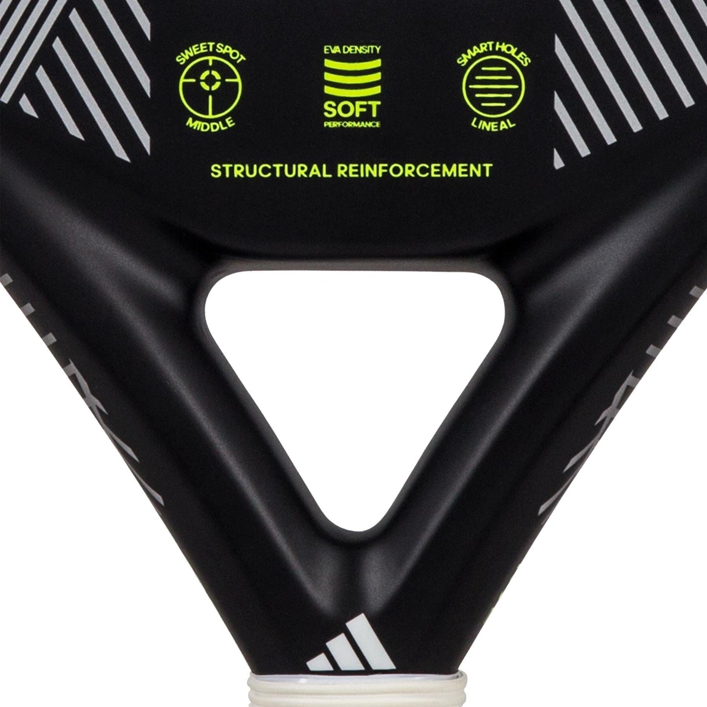 Close-up of the adidas Match 3.3 Black / Lime Padel Racket, a teardrop-shaped model with white stripes and neon green accents, featuring "sweet spot middle"—ideal for beginners seeking quality in their padel game.