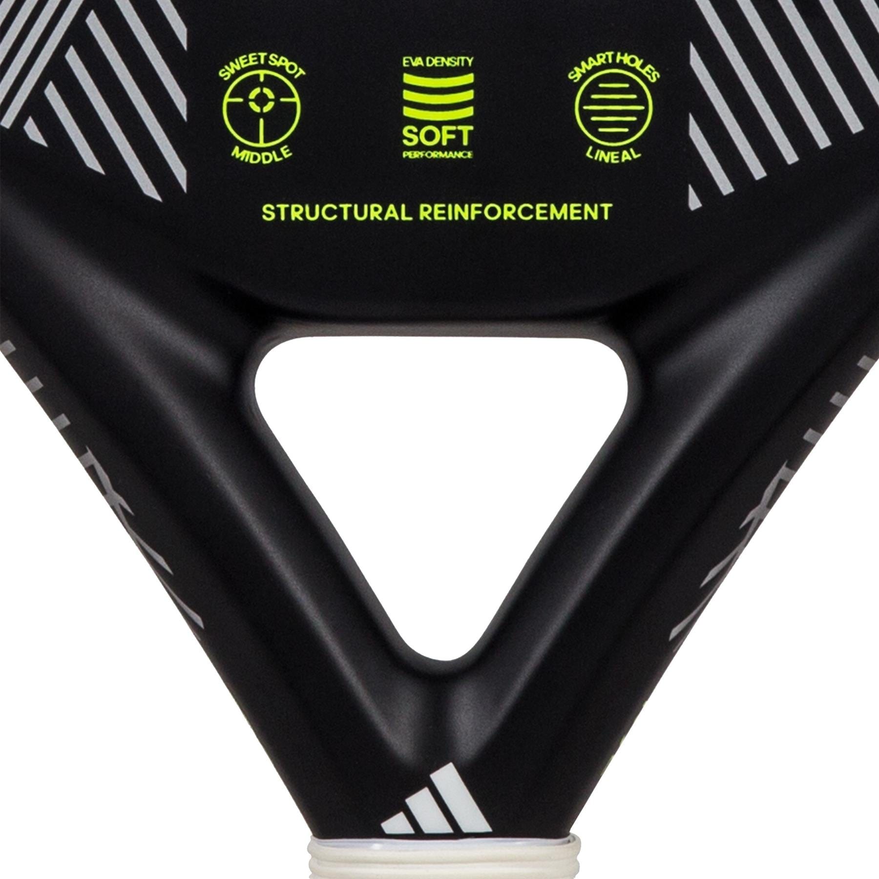 Close-up of the adidas Match 3.3 Black / Lime Padel Racket, a teardrop-shaped model with white stripes and neon green accents, featuring "sweet spot middle"—ideal for beginners seeking quality in their padel game.