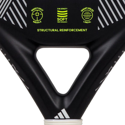 Close-up of the adidas Match 3.3 Black / Lime Padel Racket, a teardrop-shaped model with white stripes and neon green accents, featuring "sweet spot middle"—ideal for beginners seeking quality in their padel game.