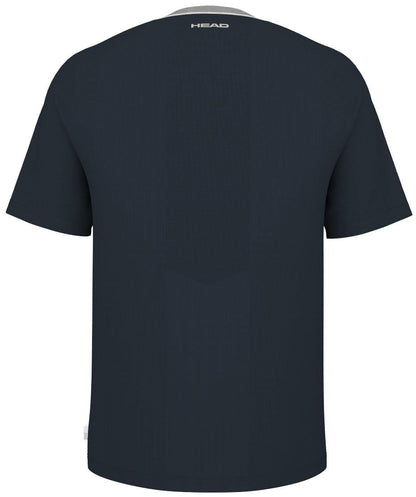 The image shows the back of a plain navy HEAD Performance Men's Padel T-Shirt with short sleeves, featuring a small logo near the neckline and Moisture Transfer Microfiber technology for optimal comfort and breathability.