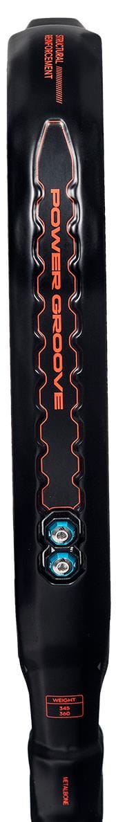 Close-up of the adidas ADIDAS Metalbone by Ale Galán 2026 Padel Racket’s black frame, with “POWER GROOVE” in orange, a wavy line, blue circles, and red “WEIGHT” and “TENSION” graphics highlighting its weight and balance system.