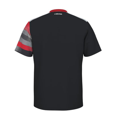 Back view of the HEAD Vision Topspin Mens Padel T-Shirt - BKXV in black, showcasing a unique design on the left sleeve with red, gray, and black stripes. This HEAD jersey is crafted with Moisture Transfer Microfiber for exceptional comfort and features a small logo on the collar area.