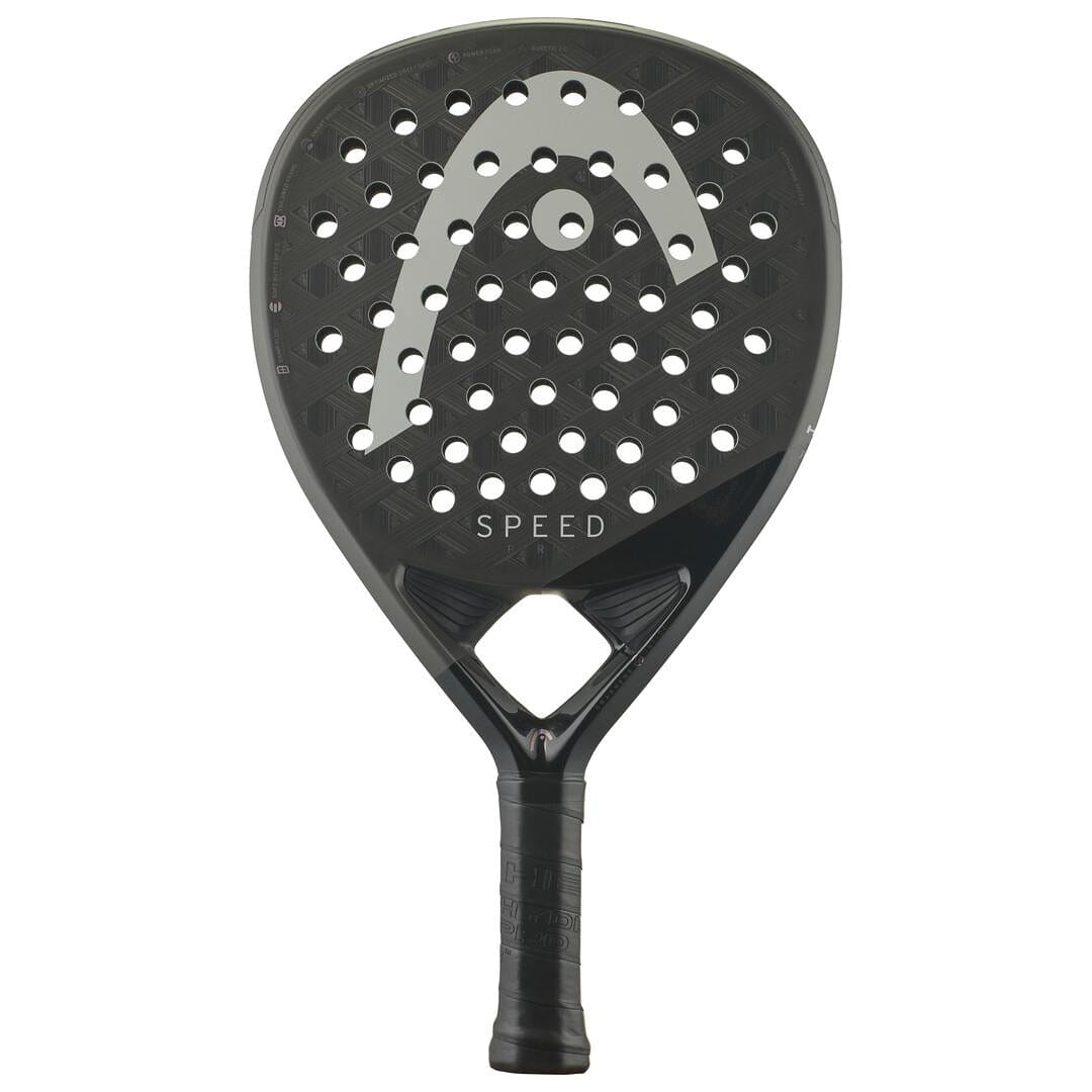 The HEAD Speed Pro 2025 Padel Racket by HEAD features a black design with a large silver logo, multiple round holes, "SPEED" on the face, Power Foam for extra impact, and a black grip-wrapped handle.