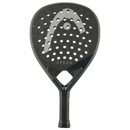 The HEAD Speed Pro 2025 Padel Racket by HEAD features a black design with a large silver logo, multiple round holes, "SPEED" on the face, Power Foam for extra impact, and a black grip-wrapped handle.