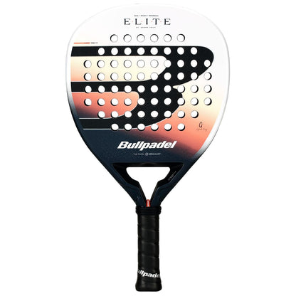 The Bullpadel Elite W 2026 Padel Racket by Bullpadel features a black handle, dark blue lower half, and a white-orange upper half with a large stylized "B," bold "ELITE" branding at the top, and multiple round holes for lightweight play.
