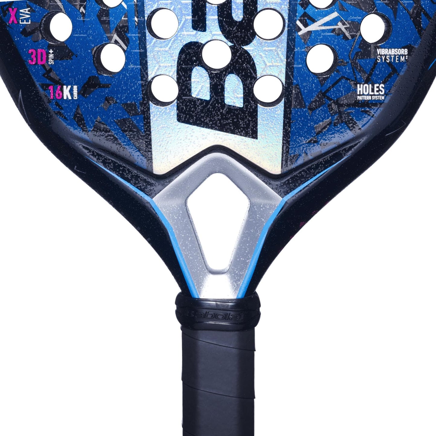 Close-up of a Babolat Air Viper 2.5 Padel Racket in blue and black, featuring a textured surface, circular holes, black grip tape on the handle, and technical details printed on the face.