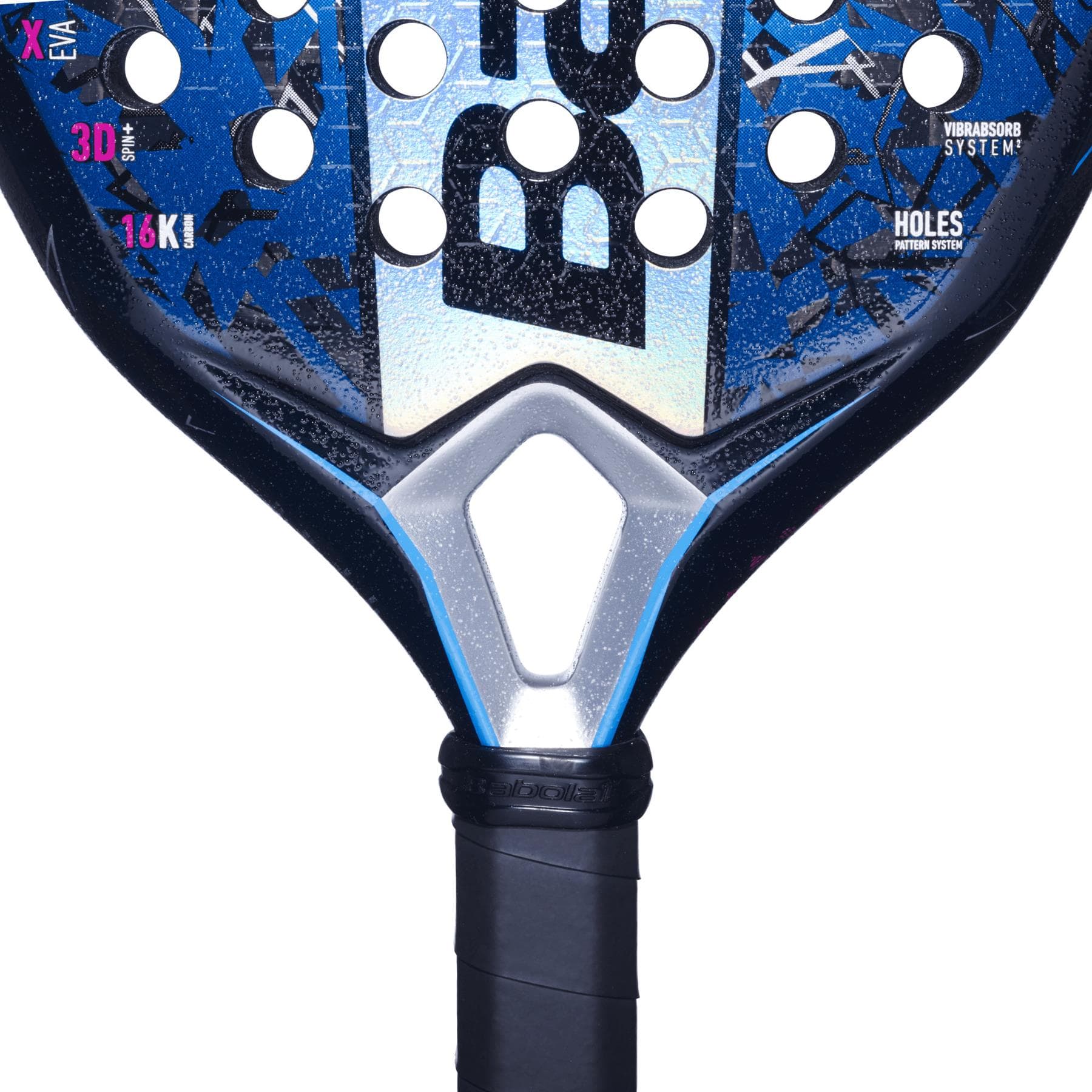 Close-up of a Babolat Air Viper 2.5 Padel Racket in blue and black, featuring a textured surface, circular holes, black grip tape on the handle, and technical details printed on the face.