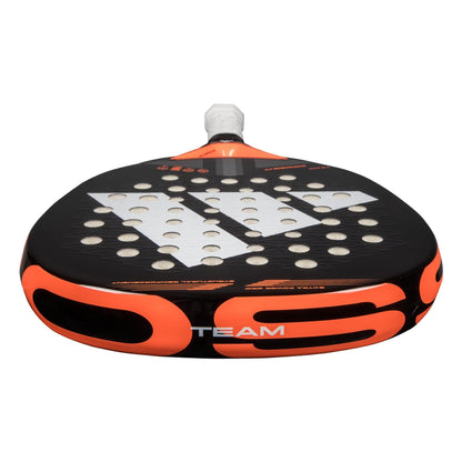 The adidas Cross It Team 3.4 Padel Racket is a black and orange racket with a white handle, perforated surface, and "TEAM" near the edge—engineered for advanced players seeking power and control.