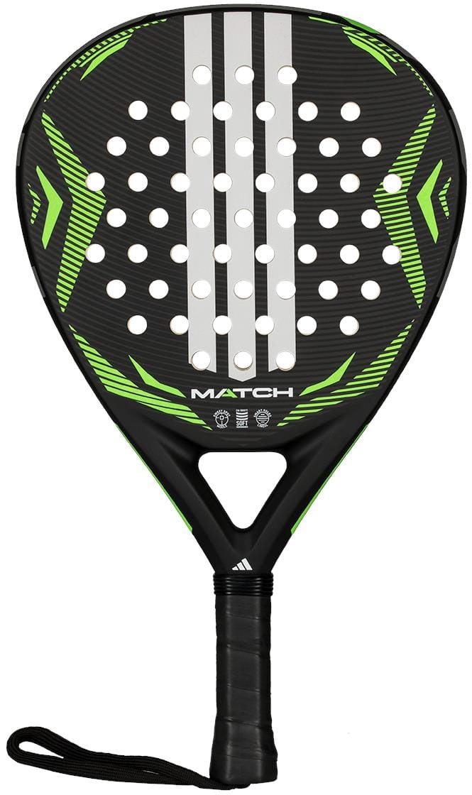 The adidas Match Lime 2026 Padel Racket features a teardrop shape, black design with green and white accents, perforated face with white dots, and a black handle with wrist strap. "MATCH" appears on the front—ideal for beginners.