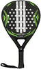The adidas Match Lime 2026 Padel Racket features a teardrop shape, black design with green and white accents, perforated face with white dots, and a black handle with wrist strap. "MATCH" appears on the front—ideal for beginners.