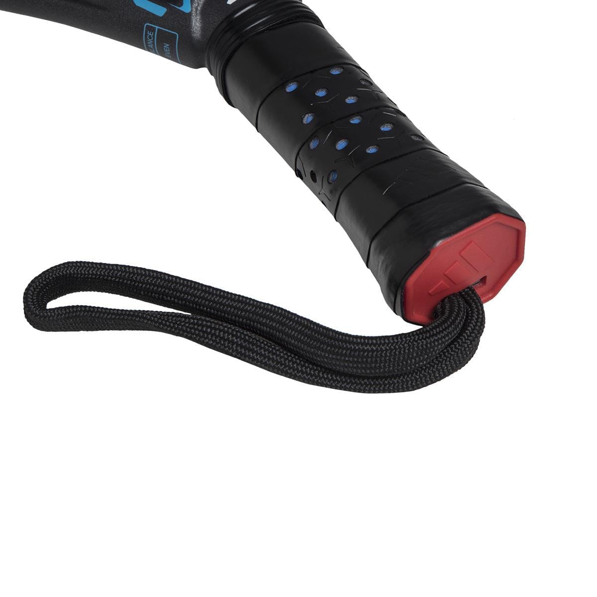 Close-up of the adidas ADIDAS Adipower Multiweight CTRL 3.4 Padel Racket handle, featuring a black wrist strap, red end cap, textured grip, holes, and an adjustable weight system.