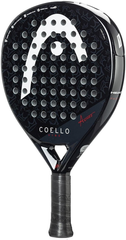 The HEAD Coello Vibe 2025 padel racket features a teardrop-shaped black design with a white logo, multiple round holes, "Coello Vibe" and "Alpha Pro" on the face, and a black wrapped handle for stylish play.