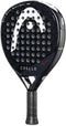 The HEAD Coello Vibe 2025 padel racket features a teardrop-shaped black design with a white logo, multiple round holes, "Coello Vibe" and "Alpha Pro" on the face, and a black wrapped handle for stylish play.