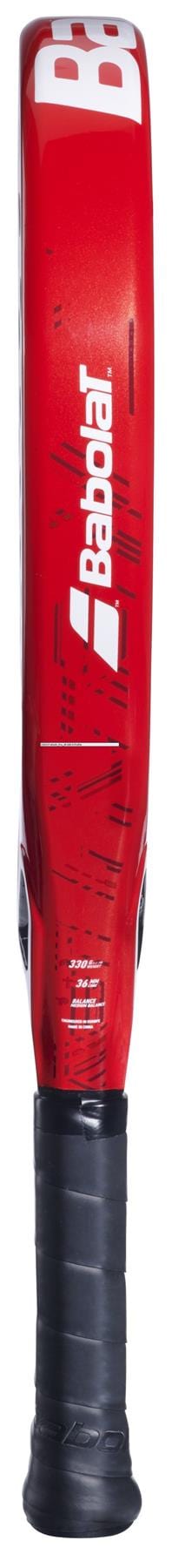 A close-up vertical view of the Babolat Alioth Pro Junior Padel Racket shows its black handle grip and branded frame—ideal for young players.