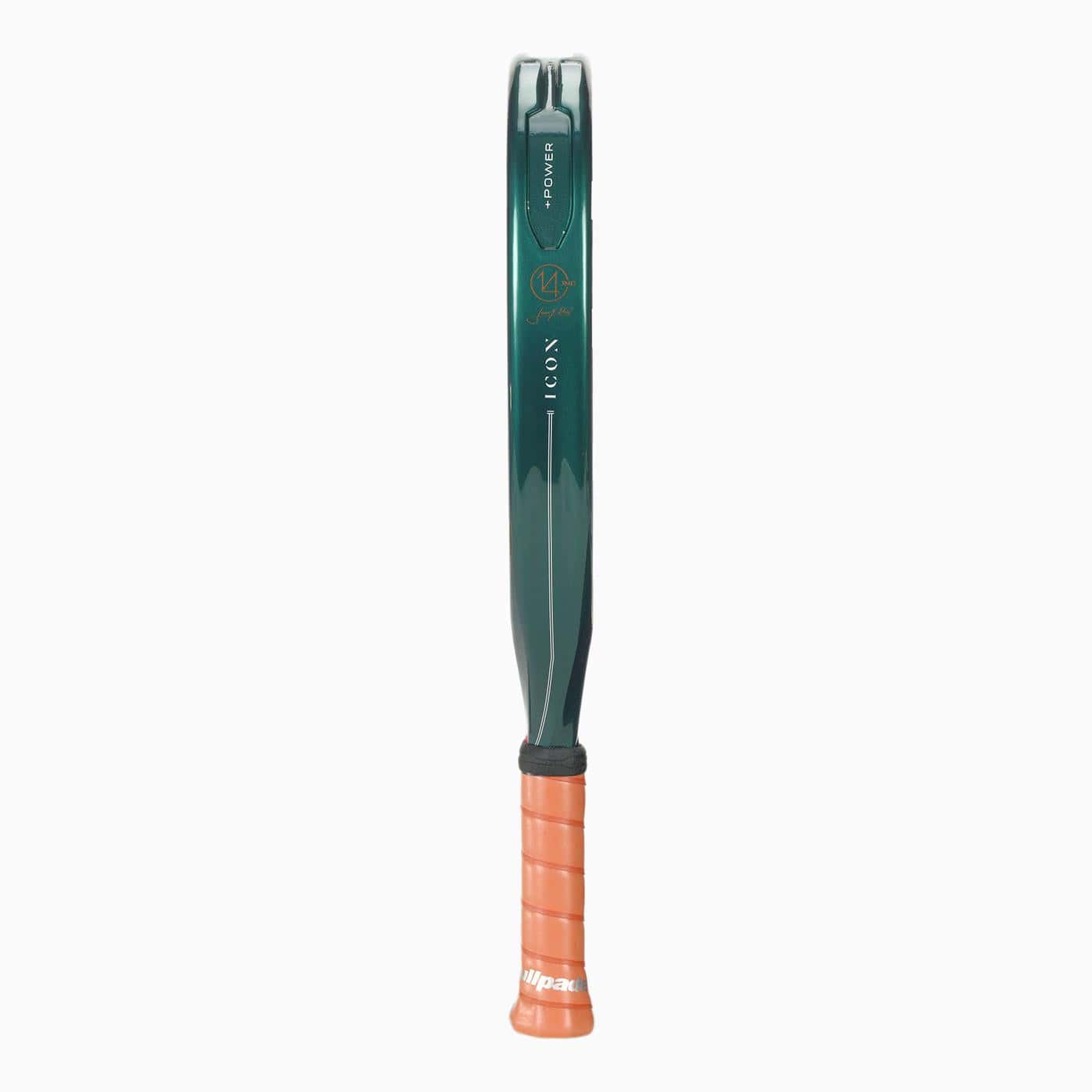 The Bullpadel Icon 2026 Padel Racket stands vertically with its green frame and orange grip, handle at the bottom. Subtle Bullpadel branding and Juan Martín Díaz’s signature details are visible on the side.