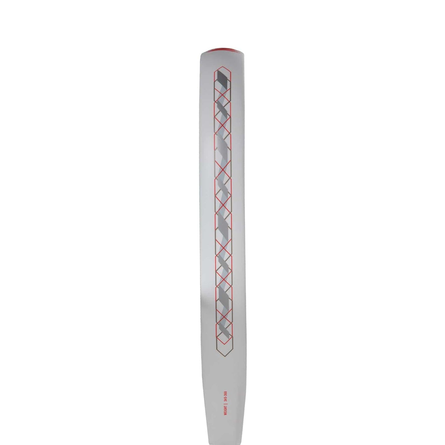 A gray cricket bat is shown from the back, featuring a bold red and black geometric pattern down the center—similar to the striking design of the adidas Match Light 3.4 Padel Racket.