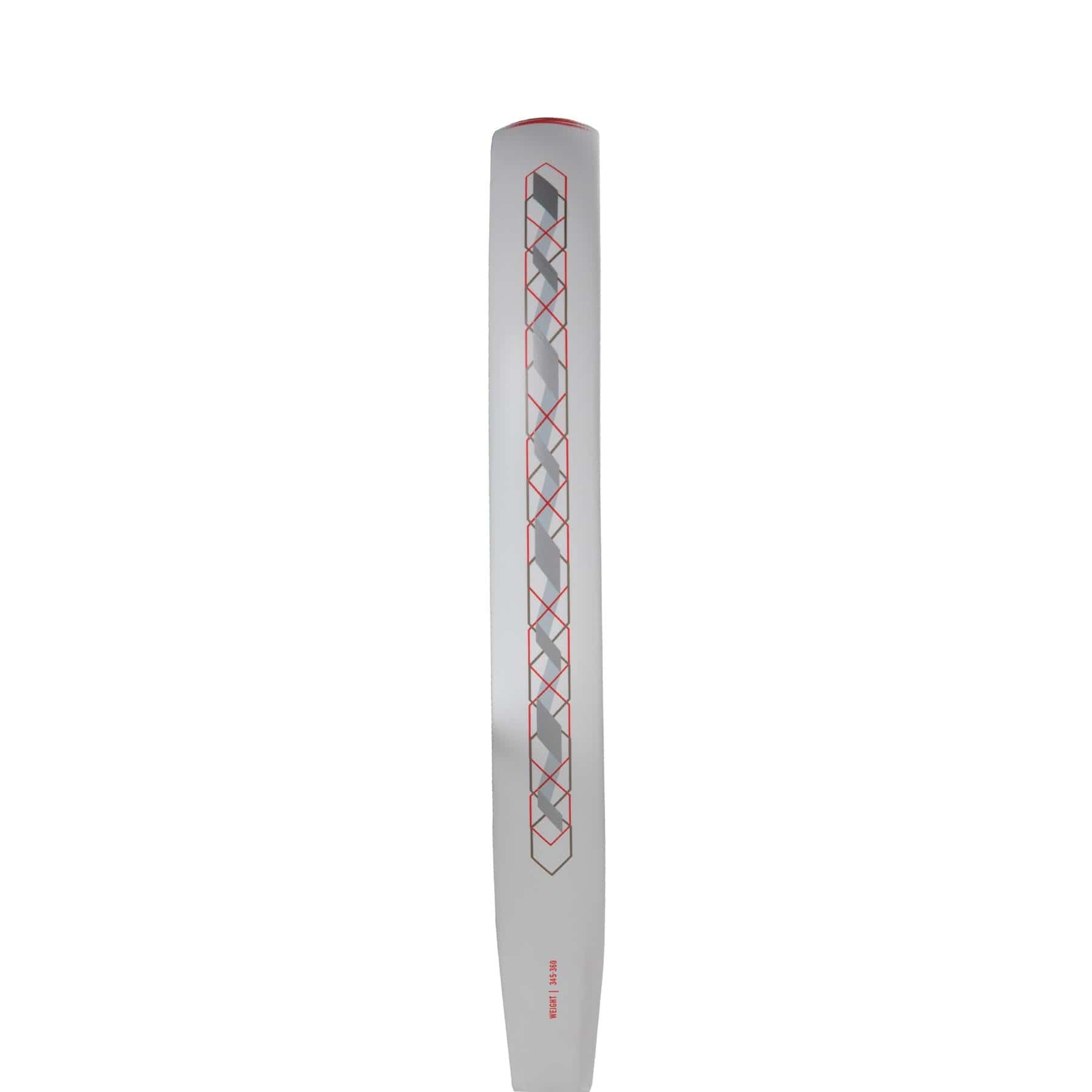 A gray cricket bat is shown from the back, featuring a bold red and black geometric pattern down the center—similar to the striking design of the adidas Match Light 3.4 Padel Racket.