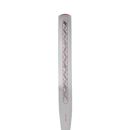 A gray cricket bat is shown from the back, featuring a bold red and black geometric pattern down the center—similar to the striking design of the adidas Match Light 3.4 Padel Racket.