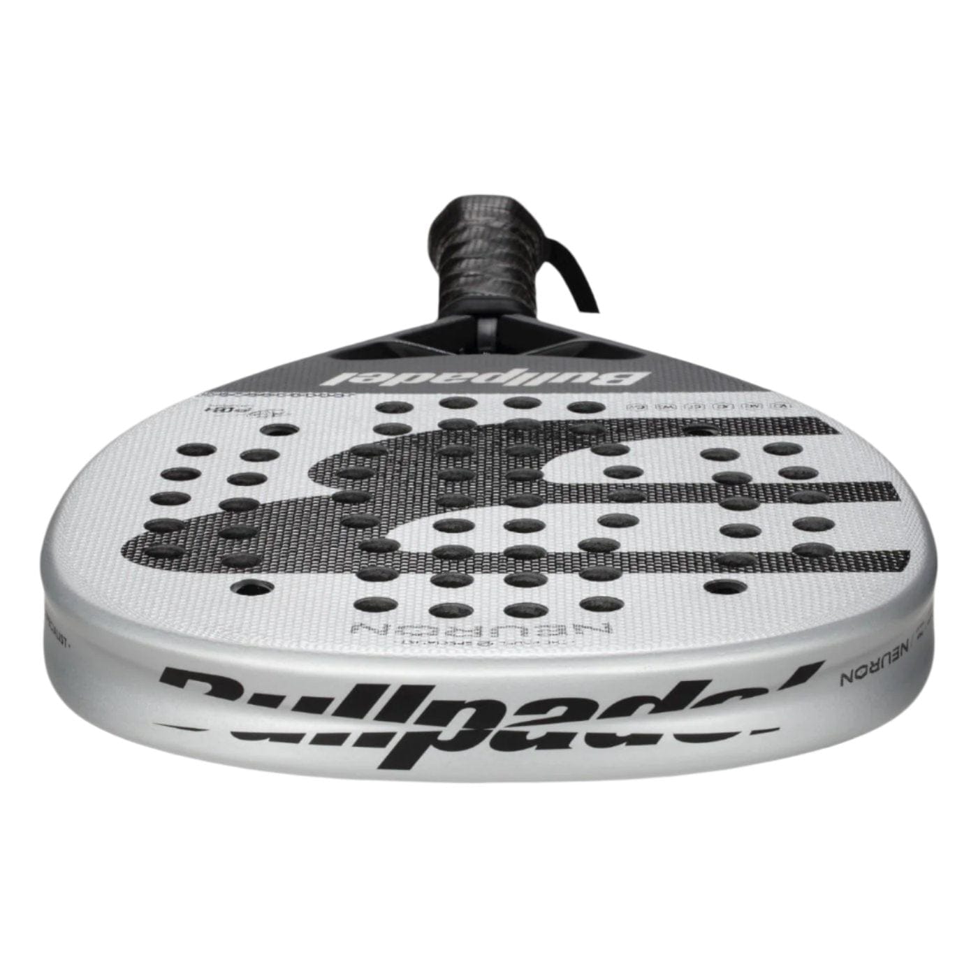 A close-up of the Bullpadel Neuron 2025 Padel Racket shows its white and black design with perforated face, Bullpadel logo on the edge, and a black-gripped handle, as used by professional player Federico Chingotto.