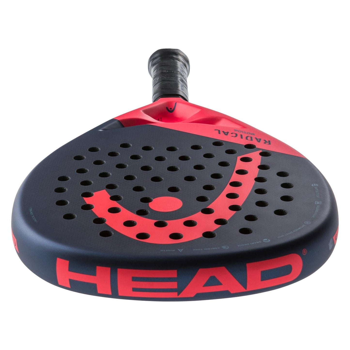 The HEAD Radical Motion 2024 Padel Racket by HEAD features a black and red design with circular holes, a thick grip handle, and Auxetic technology for lightweight control and power.