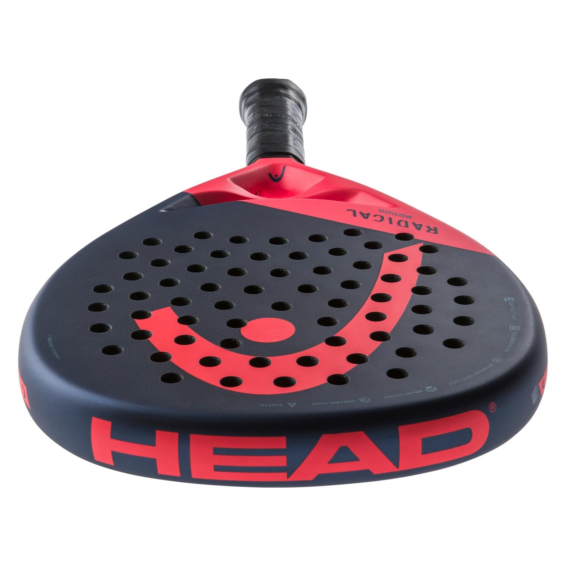 The HEAD Radical Motion 2024 Padel Racket by HEAD features a black and red design with circular holes, a thick grip handle, and Auxetic technology for lightweight control and power.