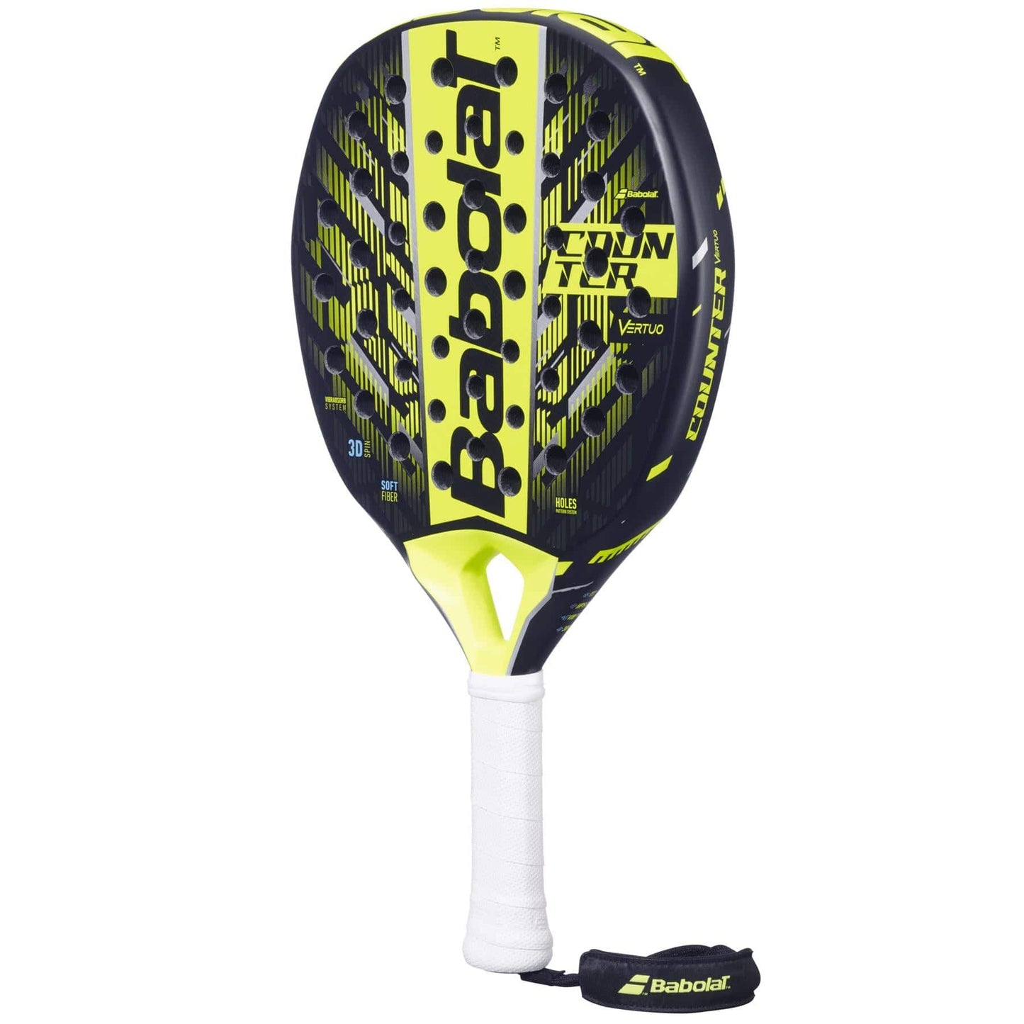 The Babolat Counter Vertuo 2.5 Padel Racket by Babolat showcases a bold black and yellow look with large yellow branding, a white grip, and black wrist strap—ideal for players who want effortless power on the court.