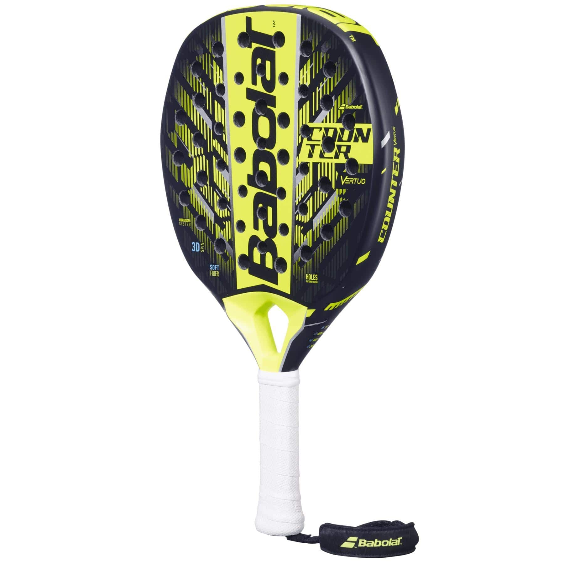 The Babolat Counter Vertuo 2.5 Padel Racket by Babolat showcases a bold black and yellow look with large yellow branding, a white grip, and black wrist strap—ideal for players who want effortless power on the court.