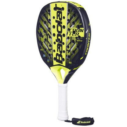 The Babolat Counter Vertuo 2.5 Padel Racket by Babolat showcases a bold black and yellow look with large yellow branding, a white grip, and black wrist strap—ideal for players who want effortless power on the court.