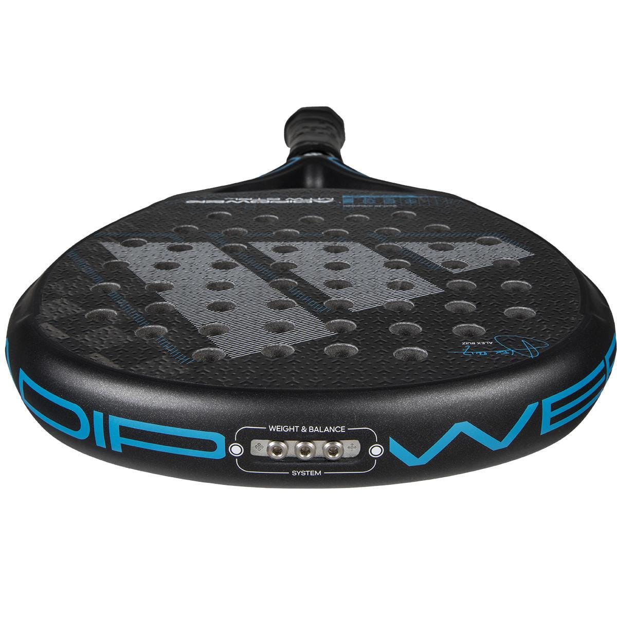 A close-up of the adidas ADIDAS Adipower Multiweight CTRL 3.4 Padel Racket highlights its blue accents, perforated hitting surface, and an adjustable weight and balance system near the handle.