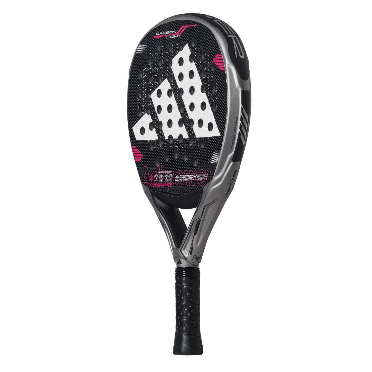 The adidas ADIDAS Adipower Carbon Light 3.4 Padel Racket features a black and gray design with pink accents, large white logo, textured surface with round holes, and a black grip—ideal for players wanting a lightweight racket.