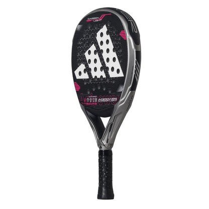 The adidas ADIDAS Adipower Carbon Light 3.4 Padel Racket features a black and gray design with pink accents, large white logo, textured surface with round holes, and a black grip—ideal for players wanting a lightweight racket.