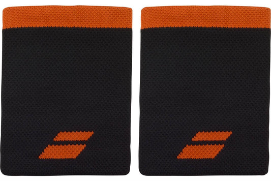 Two black Babolat Logo Jumbo Wristbands with red accents are shown side by side on a white background—ideal sweat-absorbing accessories for tennis enthusiasts.