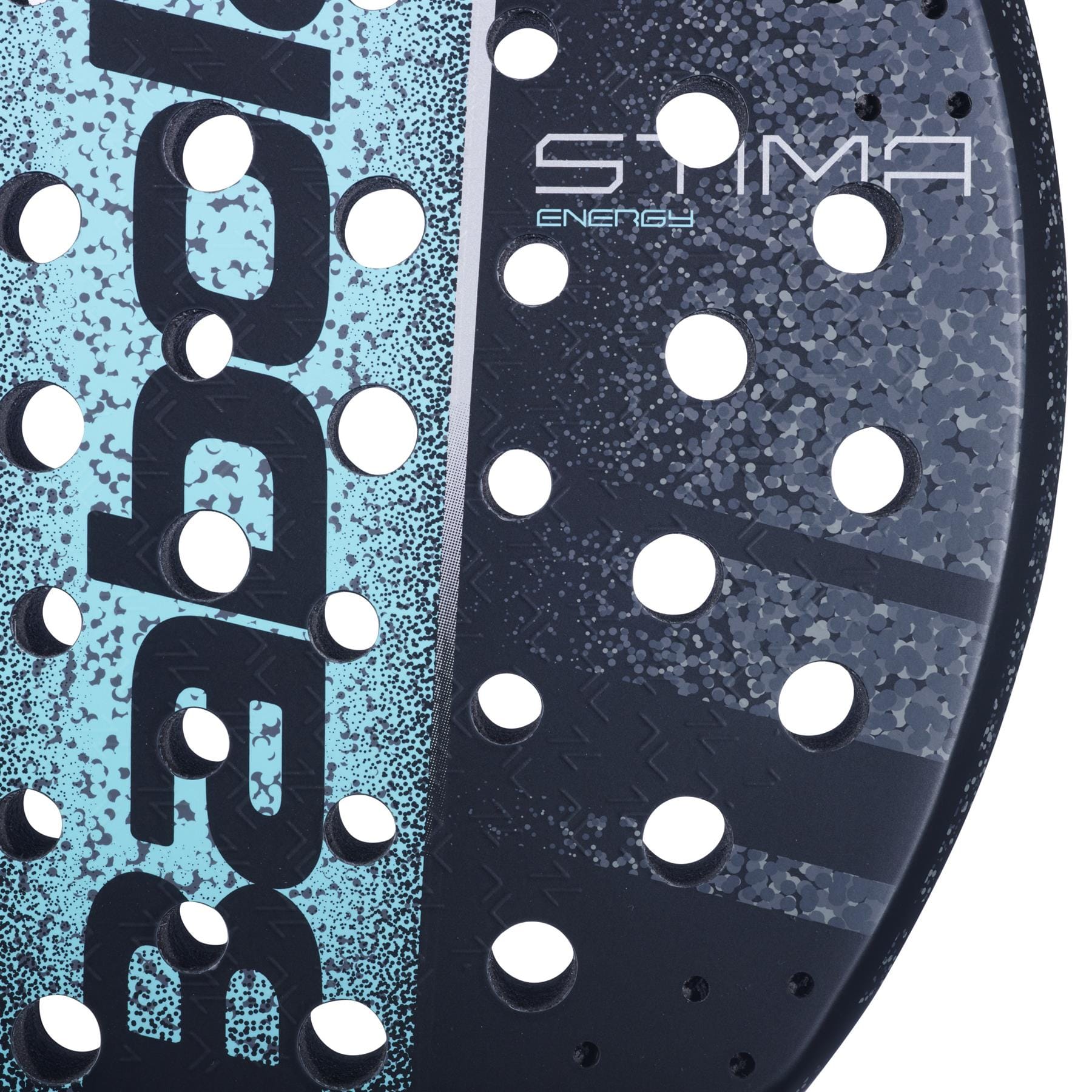 Close-up of the Babolat Stima Energy Padel Racket by Babolat, a lightweight women’s racket with "STIMA ENERGY" text and multiple round holes on its black and blue face.